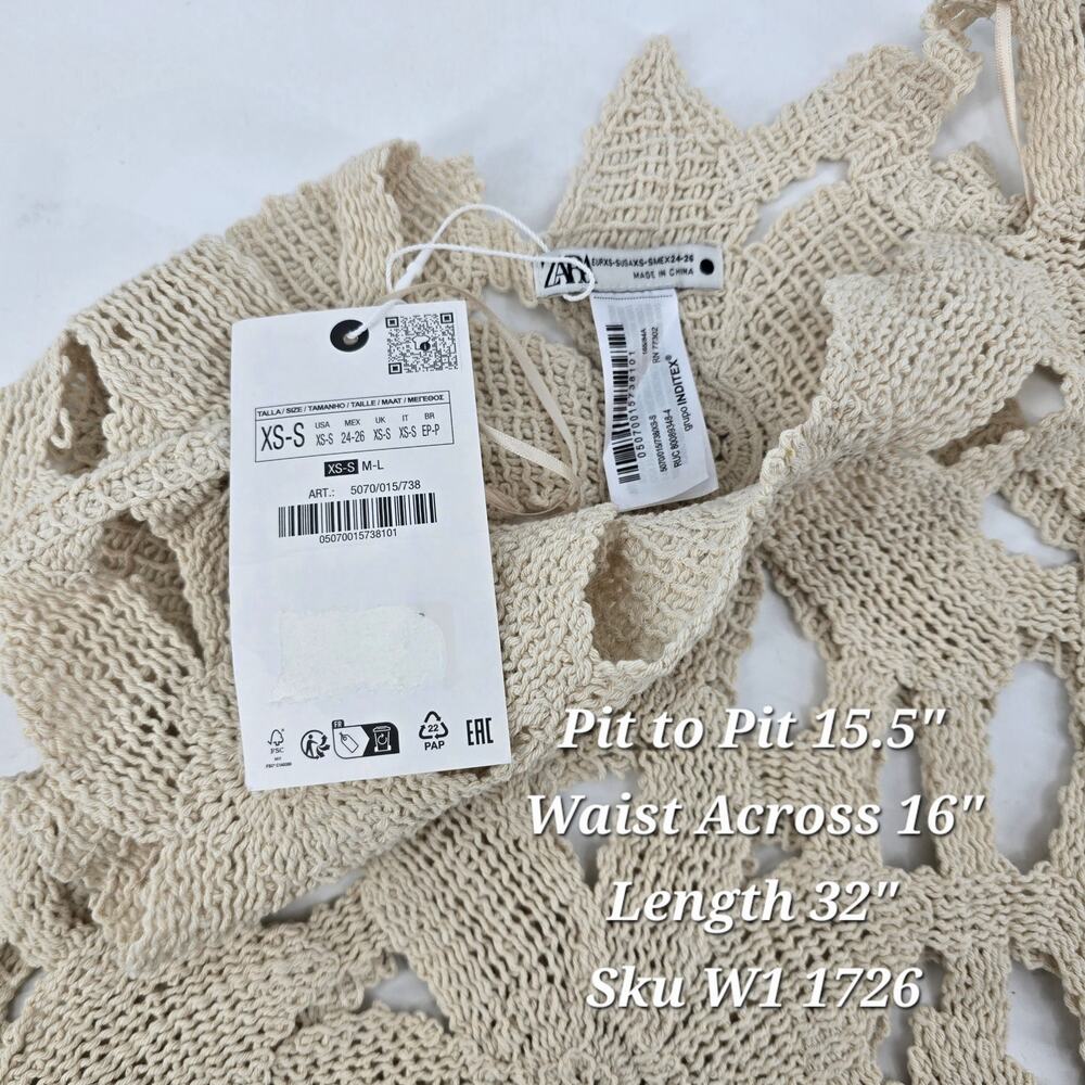 Zara Crochet Floral Knit Dress XS/S Cream Boho Beach Cover Up Resort Festival - Picture 3 of 6